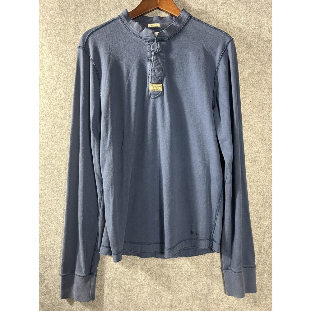 Abercrombie & Fitch Muscle Long Sleeve Henley Shirt XXL Blue Y2K Distressed Fade